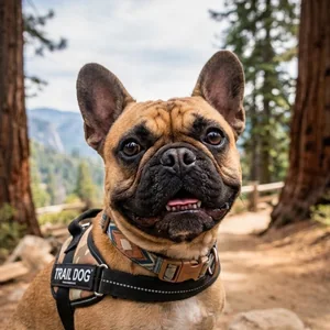 Biscuit, a fawn French Bulldog, wearing a harness on a mountain trail.