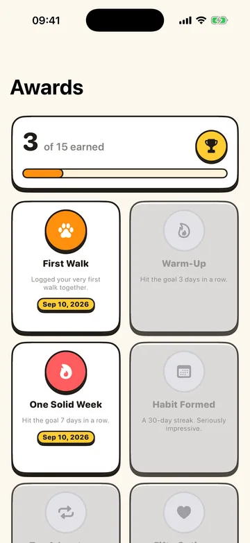 The awards screen: 3 of 15 earned, with First Walk and One Solid Week unlocked and Warm-Up and Habit Formed still locked.