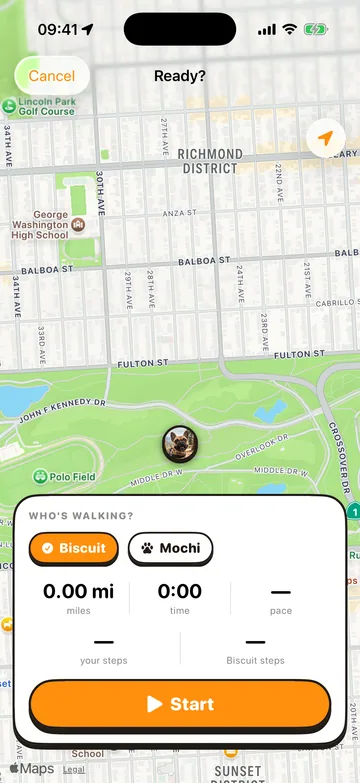 The live walk screen: a street map around Golden Gate Park with the dog's marker, a "Who's walking?" picker showing Biscuit and Mochi, and miles, time and pace read-outs.